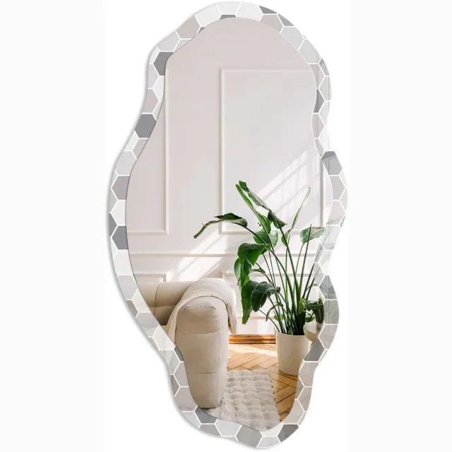 Coloray Grijze Zeshoeken Spiegel - Grijs Elegante Rechthoekige Wandspiegel - Organische Spiegel - Badkamer, Hal, Keuken - Geometrisch - 45x90 cm - Totale afmeting 52x97 cm Grijze Zeshoeken, Grijs