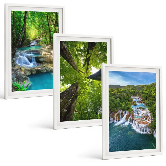 Coloray 3-Delige Schilderij Set - Watervallen In Een Groen Bos Met Kristalhelder Water. - 40 x 60 - Muurdecoratie - Schilderijen Set - Woonkamer - Woonkamer Decoratie Witte lijst