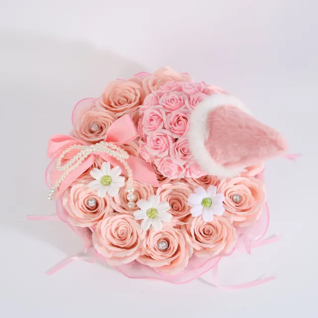 La Roselle Amsterdam Kunstbloemen Rozenbox – Roze Rozen Cadeaubox met Roze pluche Hoed en Parellint - LA ROSELLE AMSTERDAM