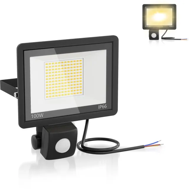 Aufun LED-schijnwerper met bewegingssensor - Warm wit - 100 W, 3500 lm, 3200 K, IP66 - Voor tuin, terras en garage Warm wit, Geen stekker