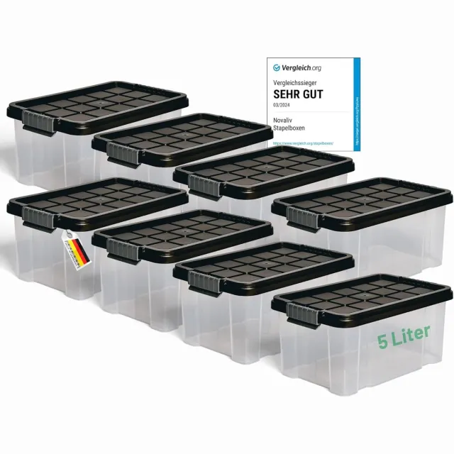 Novaliv 8x opbergdozen met deksel 5L antraciet Nestbare stapelbare opbergdozen met clipsluiting Kunststof BPA-vrij 30 x 19 x 14 cm