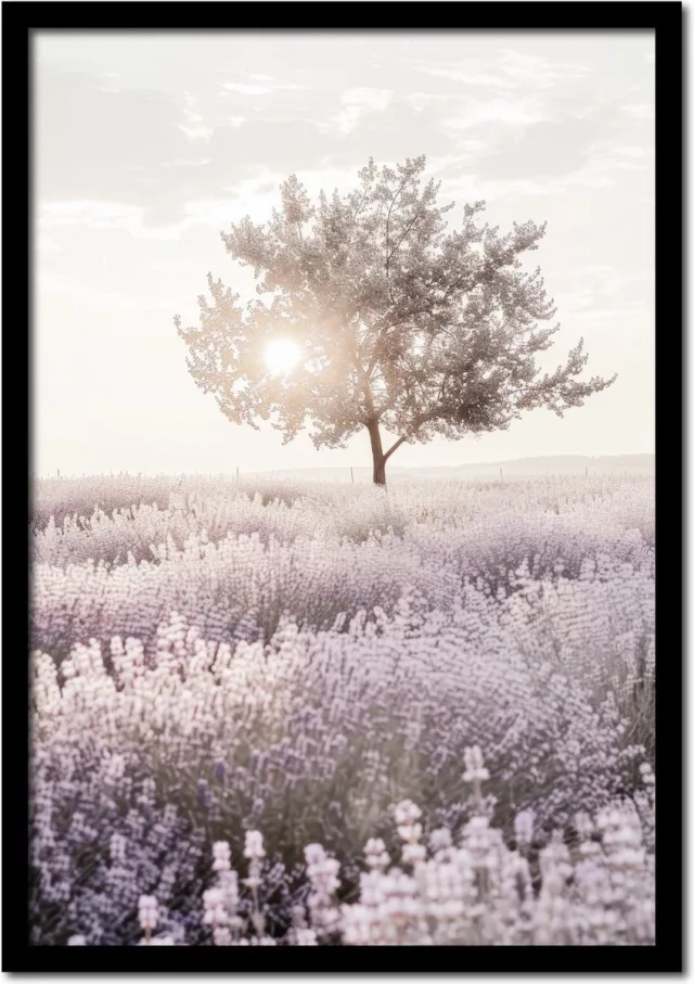 Plakkers Poster lavendelveld met boom - 21cm x 30cm a4 - vintage - woonkamer - slaapkamer - bloemen posters - goedkoop - muurposter - natuur - wanddecoratie Full-colour