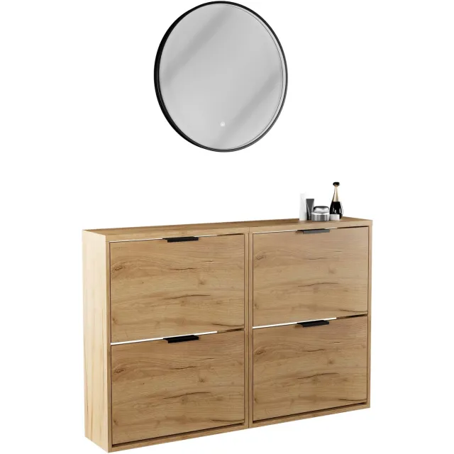 Planetmöbel STIVIO - Schoenenkast 60 cm - Goud eiken - Set van 2 met 2 kleppen - LED-spiegel VELUNA ⌀ 60 cm 2 kleppen, Goud eiken, Veluna 60 cm