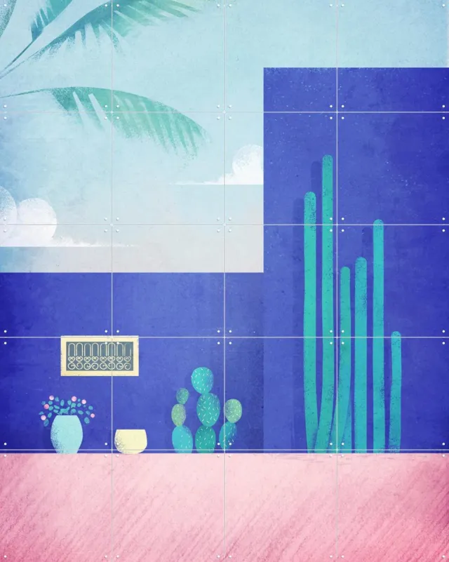 IXXI Jardin Majorelle, Henry Rivers - 80 x 100 cm - Grote wanddecoratie en posters - Kleurrijk, Speels, Illustraties, Woonkamer, Cactus, Zomer Blauw