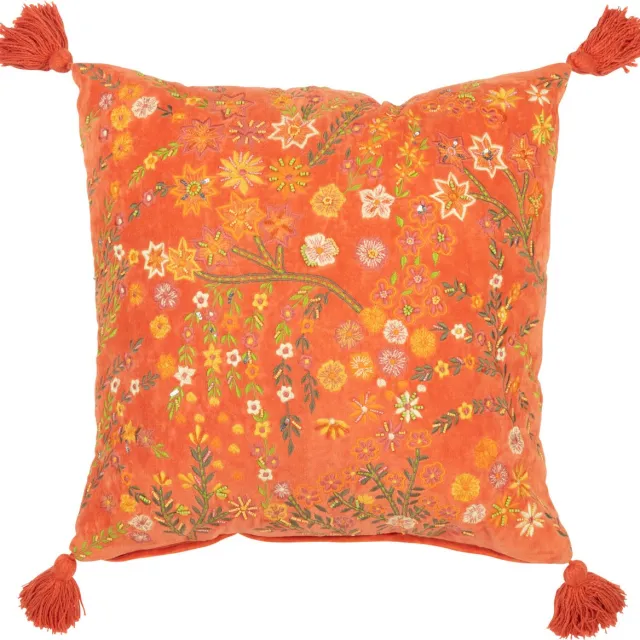 J-Line kussen Vierkant Bloemen + Kwastjes - fluweel - oranje