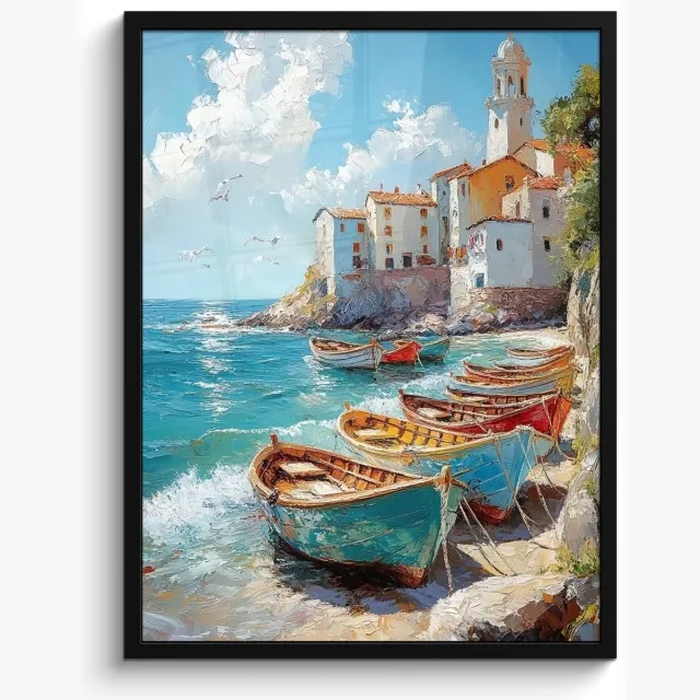 FrameYourWall Poster in lijst - Fotolijst 50x70 cm - Posters - Boten - Rotsen - Zee - Zon - Posterlijst zwart - Decoratie - Wanddecoratie woonkamer - Muurdecoratie slaapkamer Boten - Zee - Rotsen