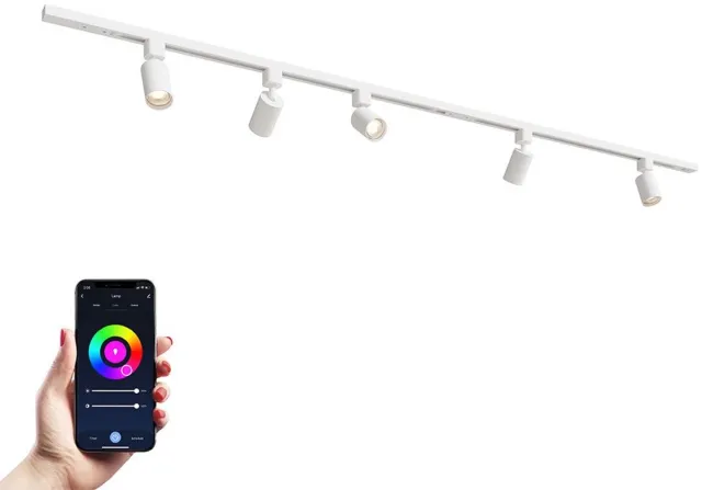 HOFTRONIC railverlichting pakket recht – 2x 1 meter rail – 5 dimbare RGBWW GU10 railspots – aluminium wit – IP20 – modulair – 230V – smart verlichting woonkamer keuken kantoor