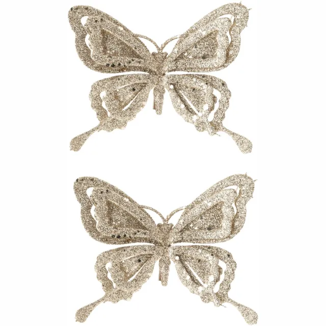 Cosy @ Home Kerstboomversiering Vlinder - 4x - 14 cm - champagne glitter - op clip - ornament