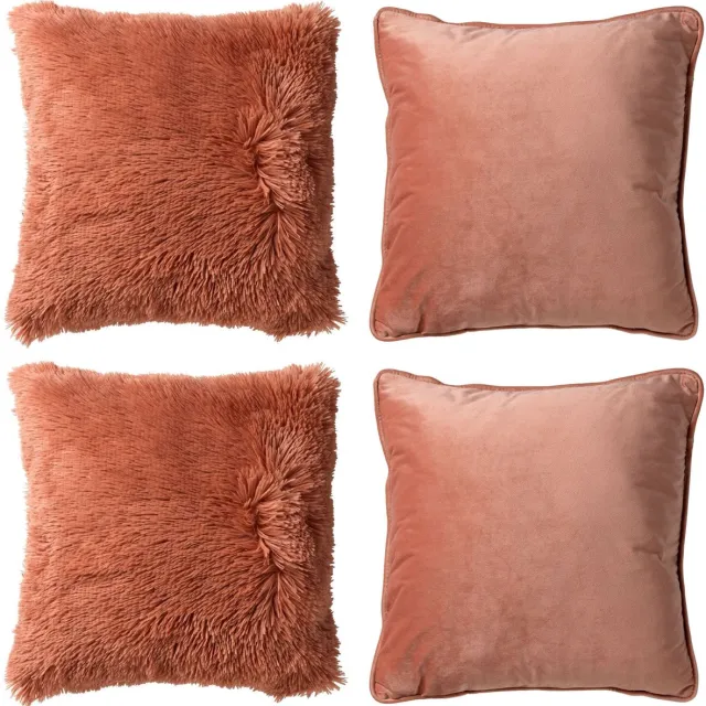 Dutch Decor KUSSENSET - 4-delig Fluffy & Velvet - 45x45 cm - inclusief binnenkussens - roze - Met Ritssluiting – Decoratie set sierussens - Comfortabele kussentjes voor op de Bank