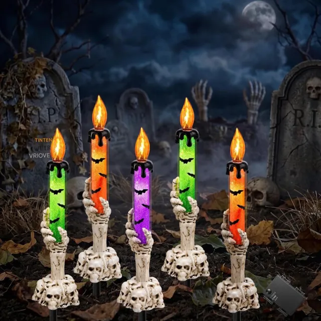 longziming Halloween Led-kaarsen - Set van 5 - Skelethanden met Staafkaarsen en Timer - Waterdichte Vlamloze Tuinverlichting op Batterijen - Voor Tuin, Gazon, Grafsteen, Feest en Halloween - Binnen en Buiten Oranje