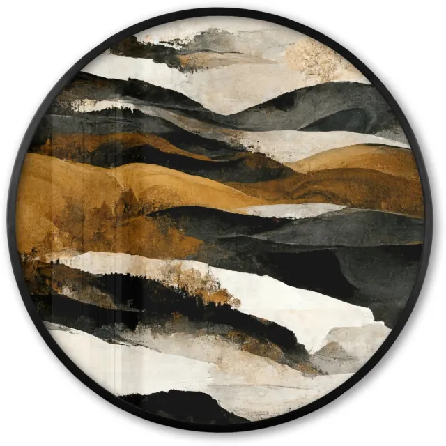 FrameYourWall Poster in lijst Rond - Fotolijst 60x60 cm - Posters - Kunst - Landschap - Bergen - Zwart - Wit - Beige - Ronde posterlijst zwart - Decoratie - Wanddecoratie woonkamer - Muurdecoratie slaapkamer Abstract - Bergen