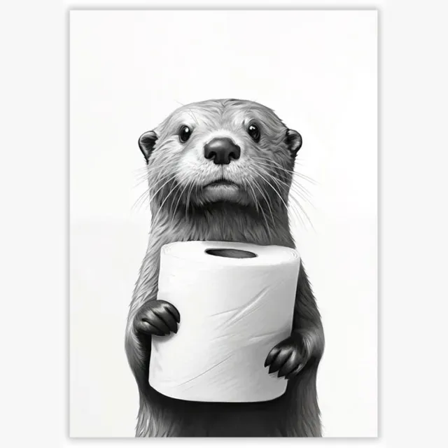 Ibenzoa Badezimmerdecoratie Poster met Grappige Otter met Toiletpapier - Zonder Lijst - 20 x 30 cm zwart