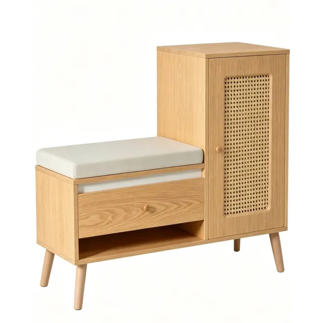 Archi Schoenenbank met Opbergruimte – Opbergkast - Zitbank - Schoenenkast met Zitkussen – Rotan Deur – 95,5 cm – Naturel Hout Hout/beige