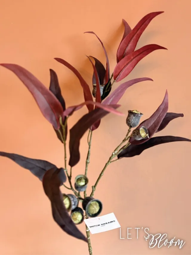 Let's Bloøm Eucalyptus | Kunsttak | Rood | Met vruchten | Zijdentak | 1, 3 of 5 stuks | Kunstbloem | Zijden bloem| Kerst | Herfst