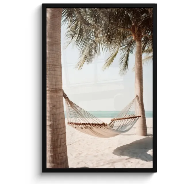 FrameYourWall Poster in lijst - Fotolijst 60x90 cm - Posters - Hangmat - Palmbomen - Strand - Zee - Posterlijst zwart - Decoratie - Wanddecoratie woonkamer - Muurdecoratie slaapkamer