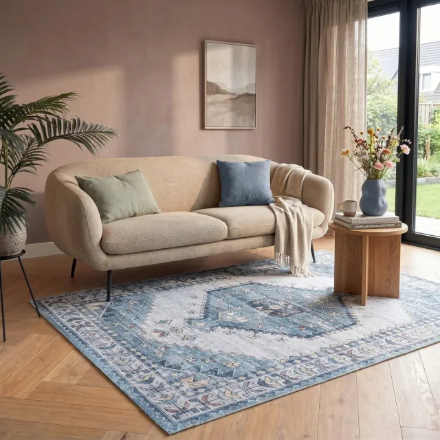 flycarpets Burano Vintage Vloerkleed - Blauw - Laagpolig Tapijt Woonkamer - 120x170 cm