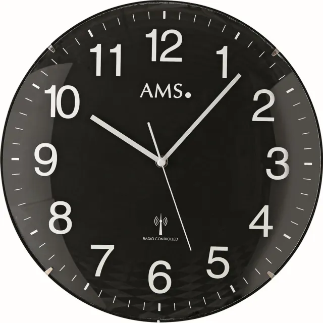 AMS F5959 - Wandklok - Analoog - Rond - Radiogestuurde tijdsaanduiding - Kunststof - Mineraal Glas - Ø32 cm - Zwart
