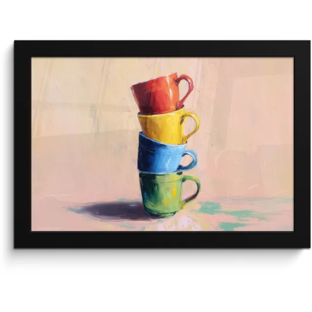 FrameYourWall Poster in lijst - Fotolijst 30x20 cm - Posters - Mokken - Gestapeld - Keramiek - Kleurrijk - Posterlijst zwart - Decoratie - Wanddecoratie woonkamer - Muurdecoratie slaapkamer