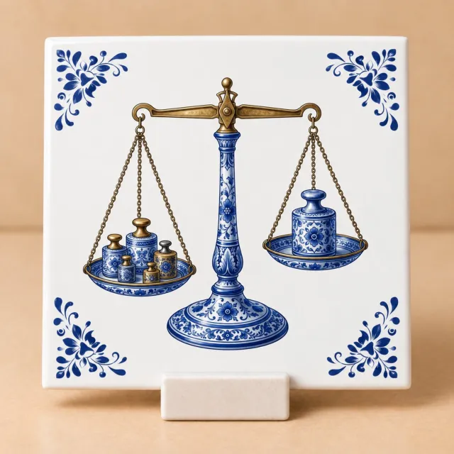 Bedruk King Delftsblauw Tegeltje 11x11 Balansweegschaal met Houdertje – Cadeau voor Jurist, Bakker of Verzamelaar