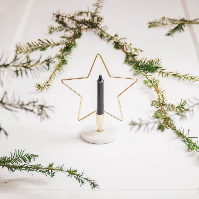 Housevitamin Kerstster Kandelaar- Marmer/Goud 15x10x18CM - Kerstdecoratie - Versiering - Kerst - Themafeest - excl. kaars Goud - Wit