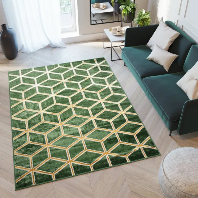 Tapiso Turmalin Vloerkleed Groen Woonkamer Laagpolig Tapijt Donkergroen Goudkleur 2