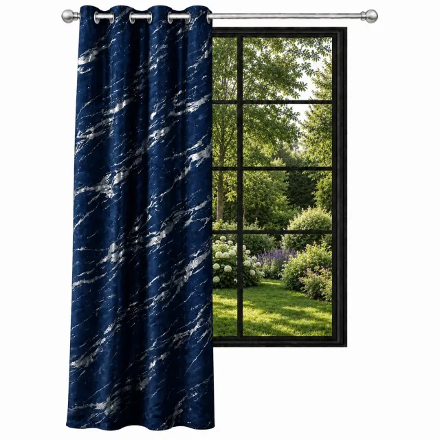 NOW-ART Luxe Velours Gordijn 140x250cm Navy Met Marmerprint - Ringgordijn