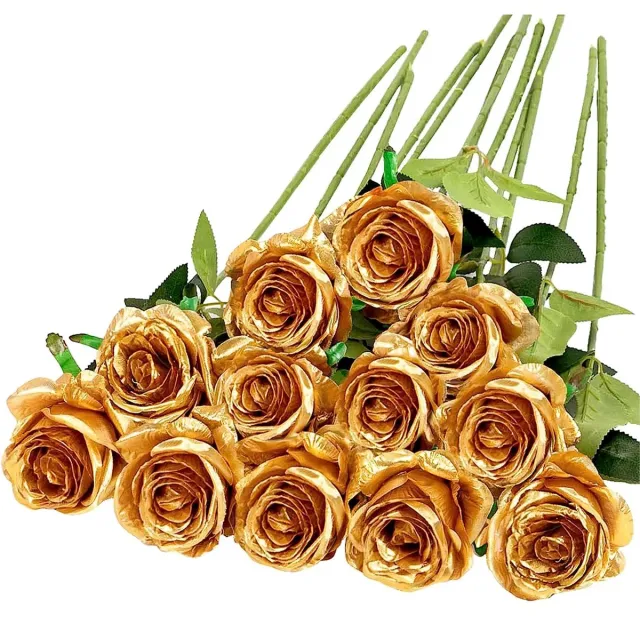 RedParrot Set van 12 Kunst Rozen Goud - 52CM - Realistisch - Roos Boeket - Bloemen - Zijde