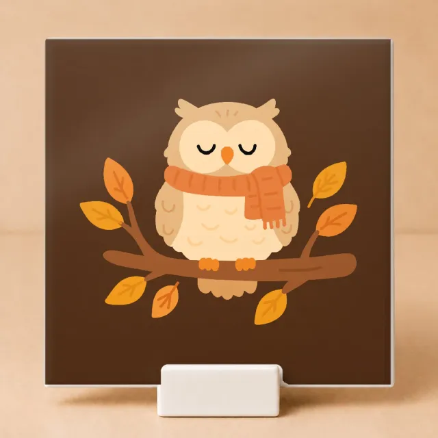 Bedruk King Schattige Uil Tegel – Decoratieve Keramische Tegel met Illustratie voor Herfstliefhebbers en Cadeautips - 15 x 15 cm met houder Wit