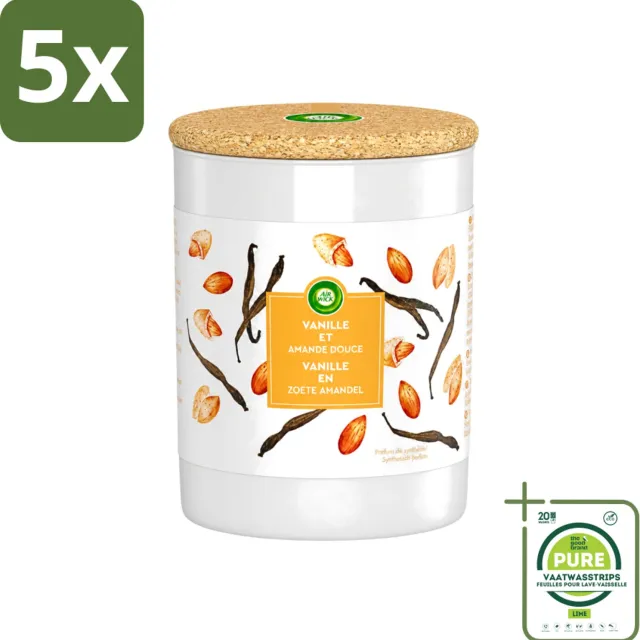 Air Wick 5 x Air Wick - Geurkaars - Vanille & Zoete Amandel - 35 Uur Brandduur - Grootverpakking - Vaatwasstrips - Geurkaars - Vanille - Amandel - Warme Geur - Sfeer Oranje