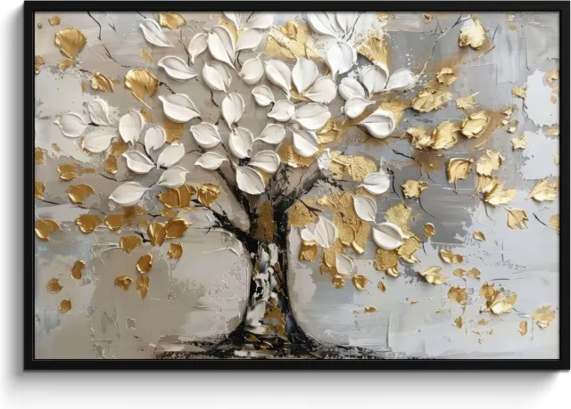 FrameYourWall Poster in lijst - Fotolijst 120x80 cm - Posters - Boom - Beige - Grijs - Goud - Abstract - Posterlijst zwart - Decoratie - Wanddecoratie woonkamer - Muurdecoratie slaapkamer Wit - Goud