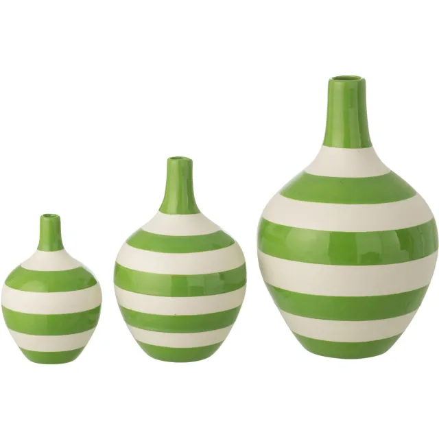 J-Line vaas Gestreept - porselein - wit/groen - set van 3