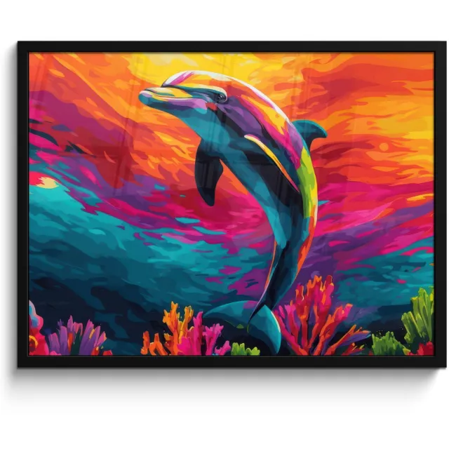 FrameYourWall Poster in lijst - Fotolijst 80x60 cm - Posters - Dolfijn - Kleurrijk - Oceaan - Koraal - Posterlijst zwart - Decoratie - Wanddecoratie woonkamer - Muurdecoratie slaapkamer
