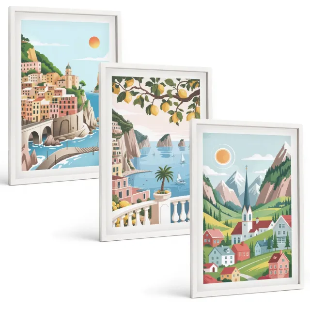 Coloray 3-Delige Schilderij Set - Schilderachtige Landschappen Met Zee En Citrusvruchten - 40 x 60 - Wanddecoratie - Woonkamer Decoratie - Decoratieve Schilderijen Witte lijst