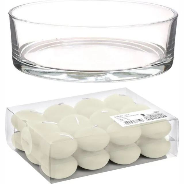 Trend Candles Cadeau set/Sfeer set van een lage luxe transparante vaas 8 x 25 cm met 24x ivoorwitte drijfkaarsen 4.5 cm