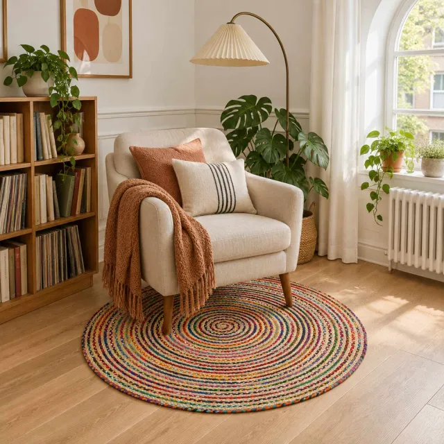vidaXL Gebied Tapijt Multikleur Ø 90 cm Jute meerkleurig, foto 2