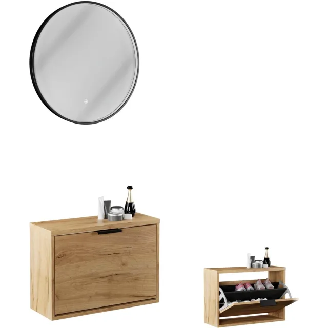 Planetmöbel STIVIO - Schoenenkast 60 cm - Goud eiken - 2-delig - Met ronde LED-spiegel 1 klep, Goud eiken