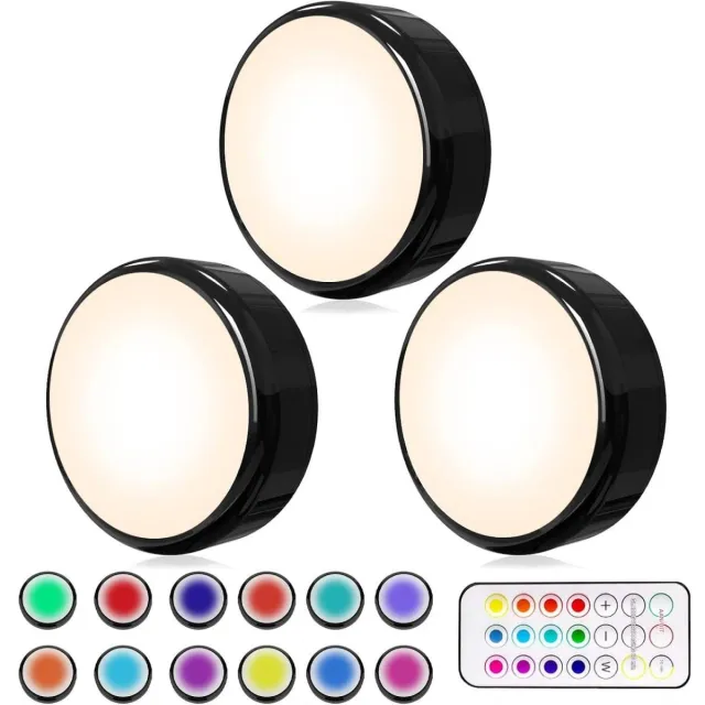 GelldG Kastverlichting - 3-pack - Draadloze RGBW kastverlichting - 16-kleurige LED-nachtlampjes - Met afstandsbediening en timerfunctie - Werkt op batterijen - Dimbare trapverlichting - Zwart