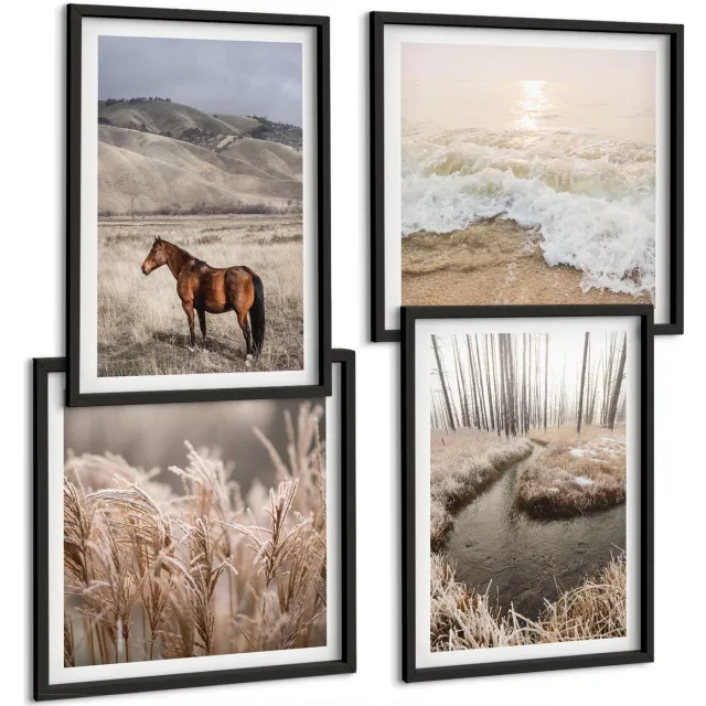 TULUP 4-Delige Schilderij Set - Paardenlandschap van zeegrasbos en beek - 40 x 40 cm en 40 x 60 cm - Muurdecoratie - Schilderijen Set - Woonkamer - Interieur Decoratie Zwarte lijst