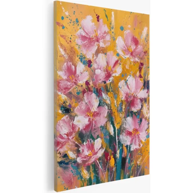 Saammp Canvas Schilderij - Roze bloemen - Geel - Abstract - Bloemen - 50x70 - Foto op canvas - Wanddecoratie - Muurdecoratie Woonkamer - Kantoor Decoratie