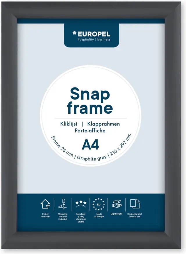Europel Kliklijst – Posterlijst – A4 – 21 x 29,7 cm – 25mm – Aluminium – Grafietgrijs