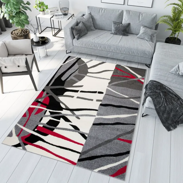 Tapiso Jawa Vloerkleed Grijs Rood Abstract Woonkamer Tapijt Antraciet Grijs Rood