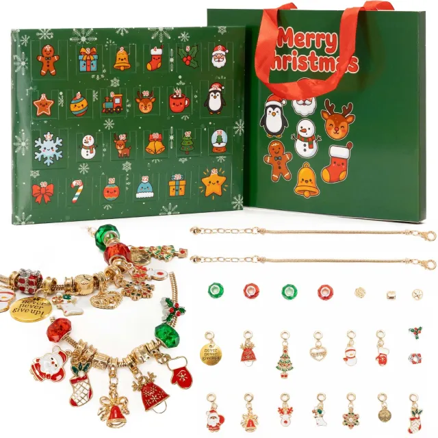 springos Adventskalender met Sieraden – 24 Vakjes met 22 Kerstbedeltjes en 2 Armbanden – DIY Sieradenset Goud