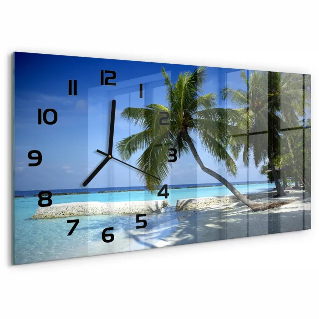 TULUP Wandklok - Tropisch strand Moderne Wandklok Glas - 60x30 cm - Blauw Wandklok Glas Decoratie - Zwarte handen - Rechthoekige Klok - Glazen Wandklok Design - Klok Glas Met Opdruk