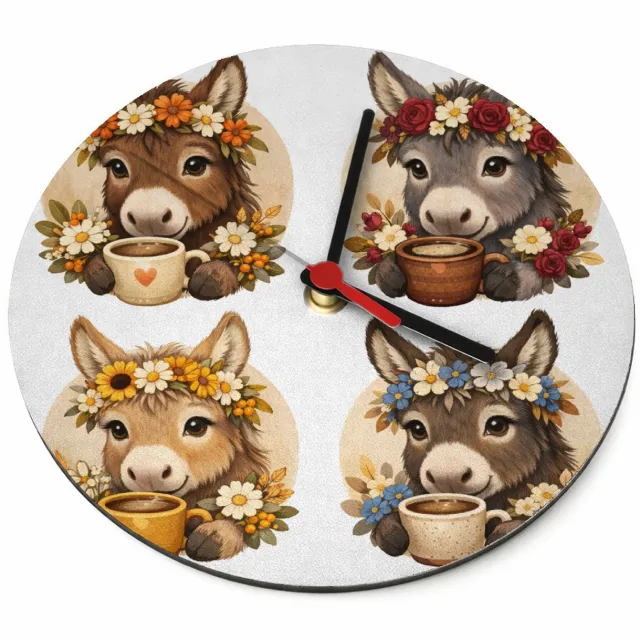 Mr Cadeautjes Klok rond Ø 19 - design Een serie ezelportretten met boeketjes en een warme drank in | cadeau Wit