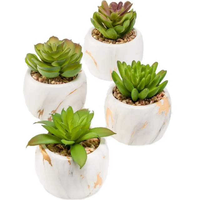 Easyplants Kunst Vetplantjes 4 stuks in marmer potje 10 cm Groen