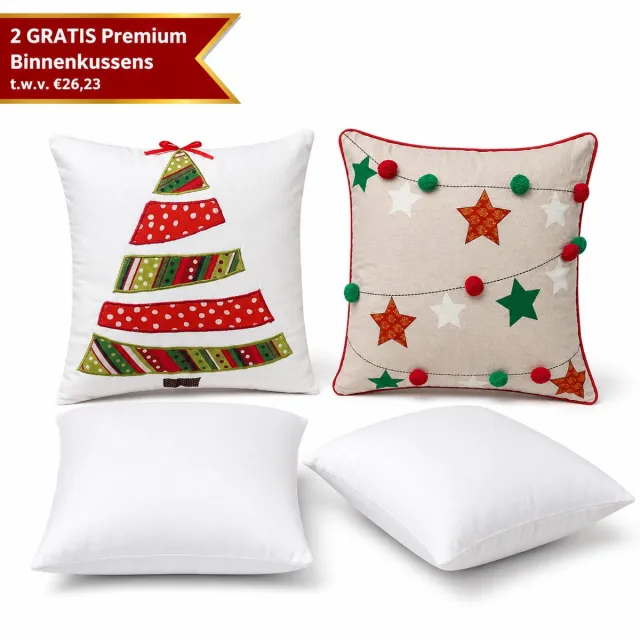 Urbane Hide Kerstkussen Set van 2 Kussenhoezen incl. Gratis Kussenvulling - Kerst Kussenhoes - Vierkant Kussenhoesjes - Kerstkussens met Kerstboom en Sterrenslinger Print & Borduurwerk - 45x45 cm - Katoen - Rood/Groen/Wit Type E