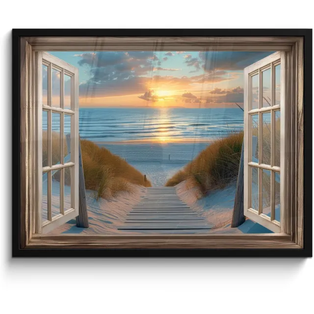 FrameYourWall Poster in lijst - Fotolijst 70x50 cm - Posters - Doorkijk - Strand - Pad - Zonsondergang - Posterlijst zwart - Decoratie - Wanddecoratie woonkamer - Muurdecoratie slaapkamer Zonsondergang - Zee