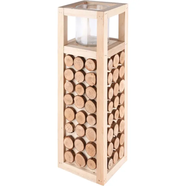 dekoratief Windlicht / theelichthouder / waxinelichtjeshouder - bruin / beige / transparant - 15 x 15 x 45 cm hoog.