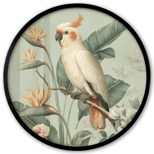 FrameYourWall Poster in lijst Rond - Fotolijst 40x40 cm - Posters - Gele kuifkaketoe - paradijsvogelbloemen - Groen - Ronde posterlijst zwart - Decoratie - Wanddecoratie woonkamer - Muurdecoratie slaapkamer