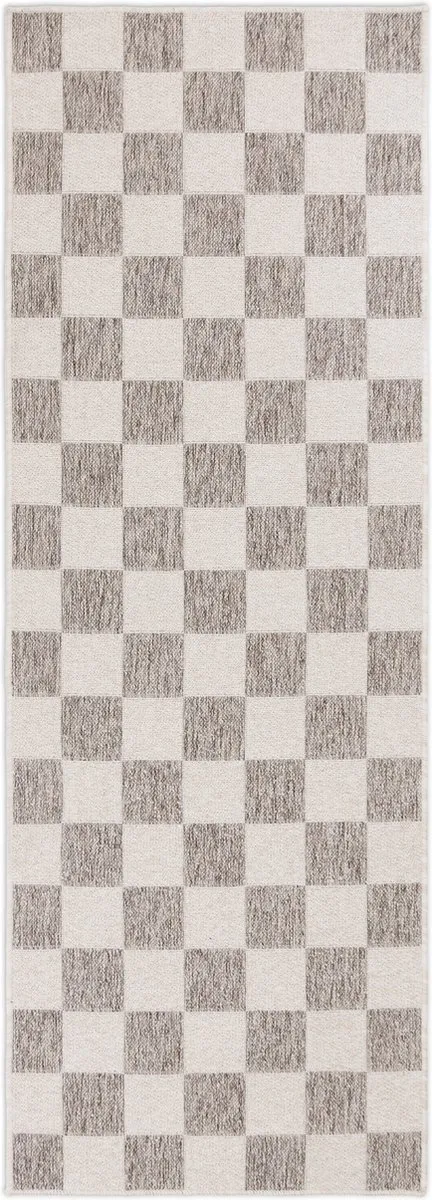 TESSO LIVING Vloerkleed voor binnen en buiten, Antislip - Dambord Creme Taupe - 80cm x 220cm - Balkon Terras Keuken, UV- en Weersbestendig, Modern Tuintapijt